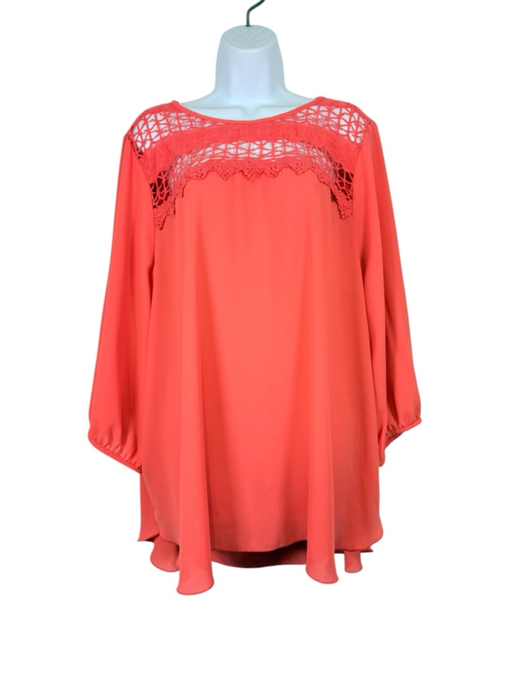HÁLO Coral Lace Yoke Blouse 2X Sheer Flowy Boho Tunic Top Plus Size Lace Yolk